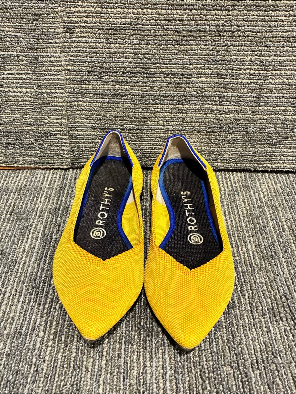 Rothy's Yellow Pointed Knit Slip-On Flats with Blue Trim comfort